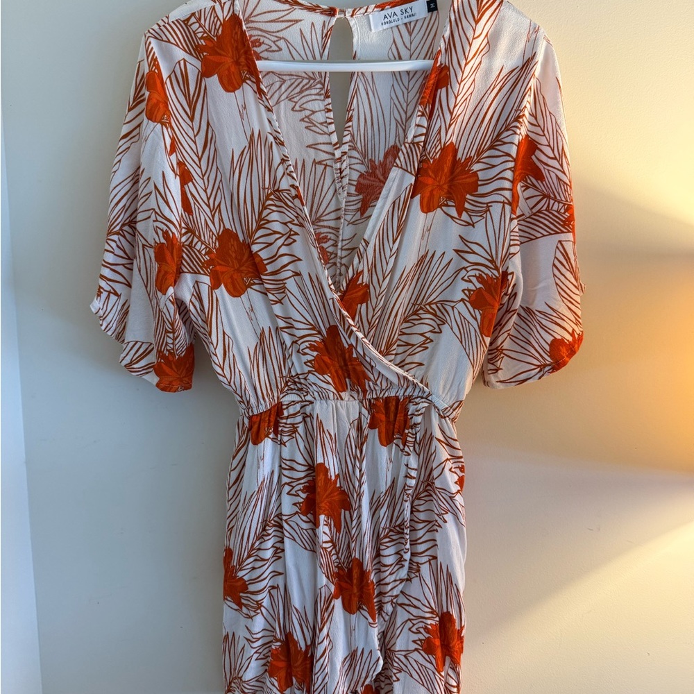 Ava Sky Vibrant Orange and Cream Romper